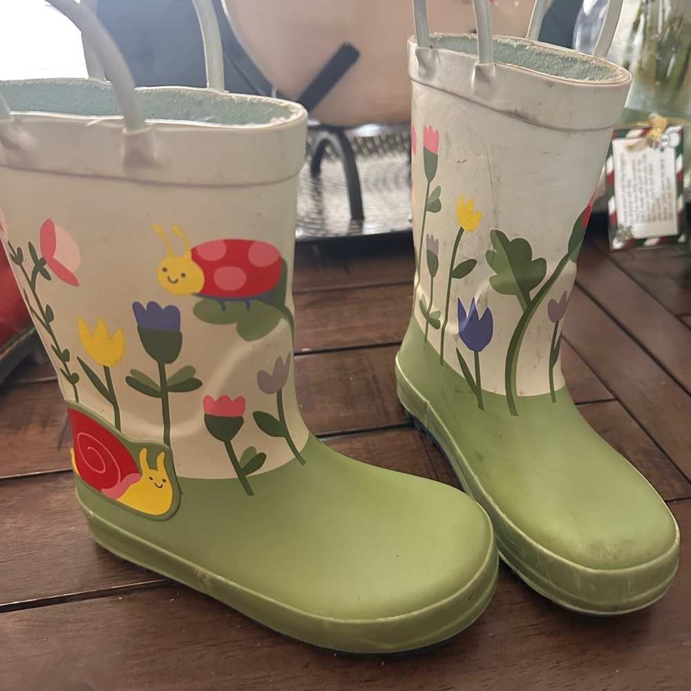 Kids Green Floral Rain Boots with Bugs